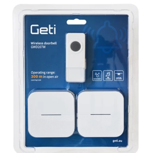 Conjunto de 2 campainhas 230Vac sem fio c/ 56 melodias - IP55 - branco - alcance 300m - Geti GWD207W
